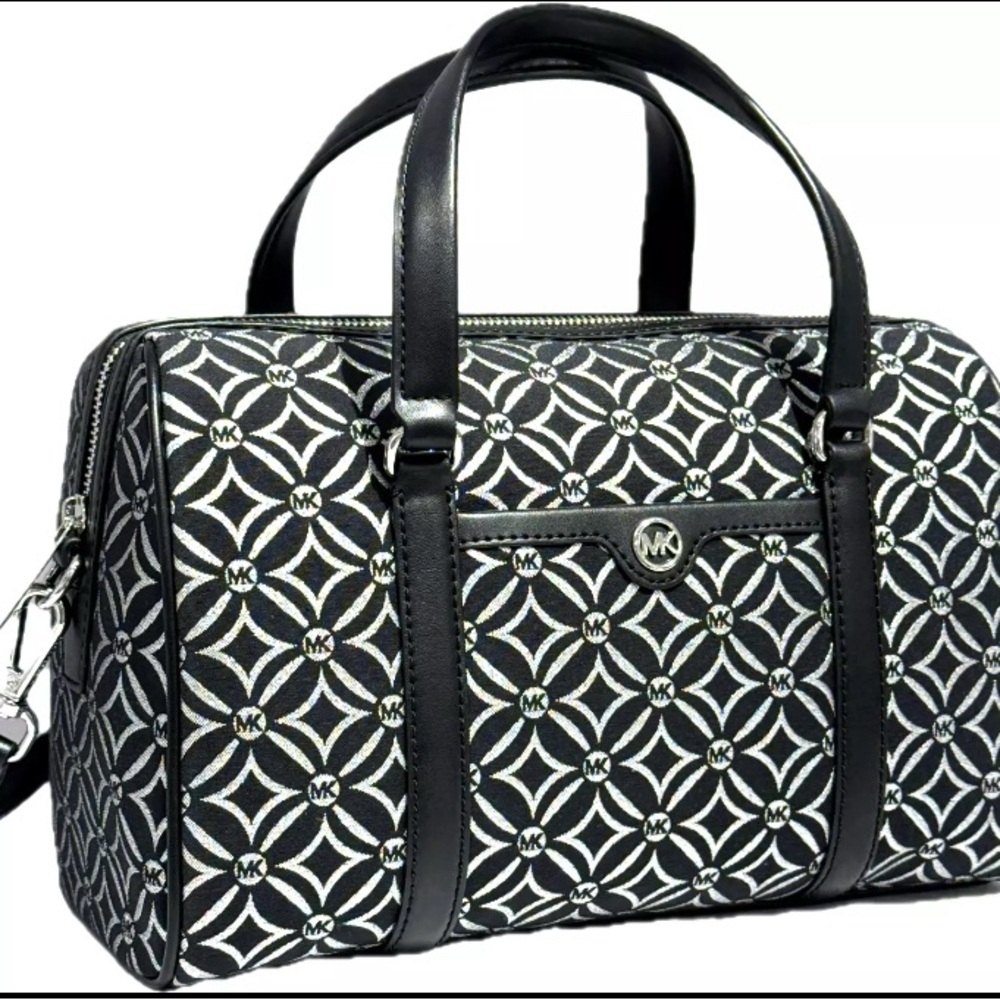 Michael Kors Jet Set Travel MD Duffel Blk/Silver Floral Jacquard Satchell
